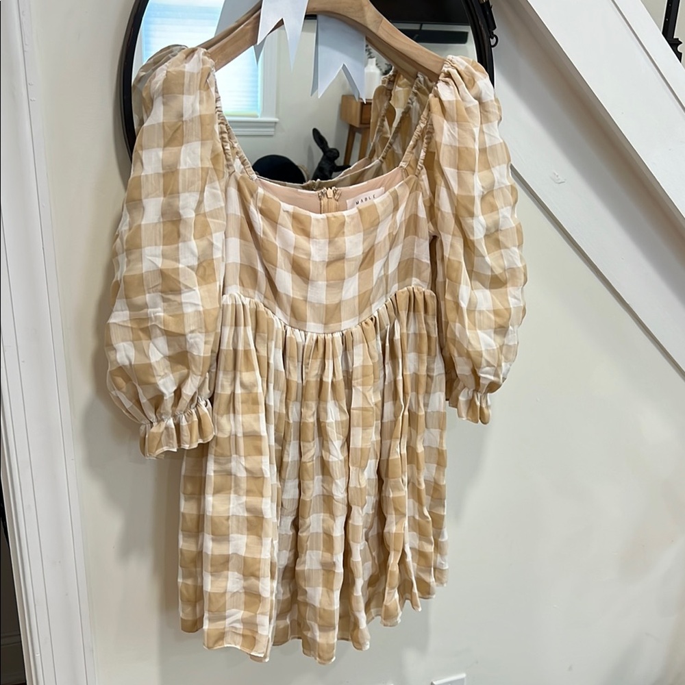 MARBLE Tan and White Check Puff Sleeve Mini dress
